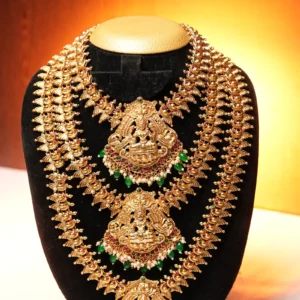 Antique Gold Finish Layered Haram with Green Bead Detailing