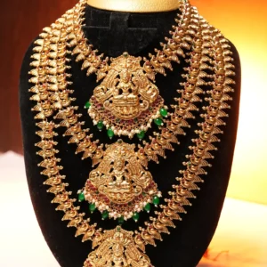 Antique Gold Finish Layered Haram with Temple Pendant Design