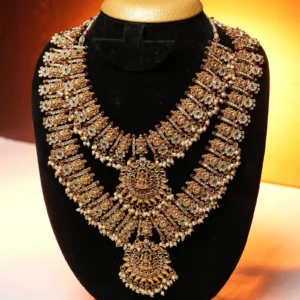 Antique Gold Finish Layered Necklace with Floral Pendant